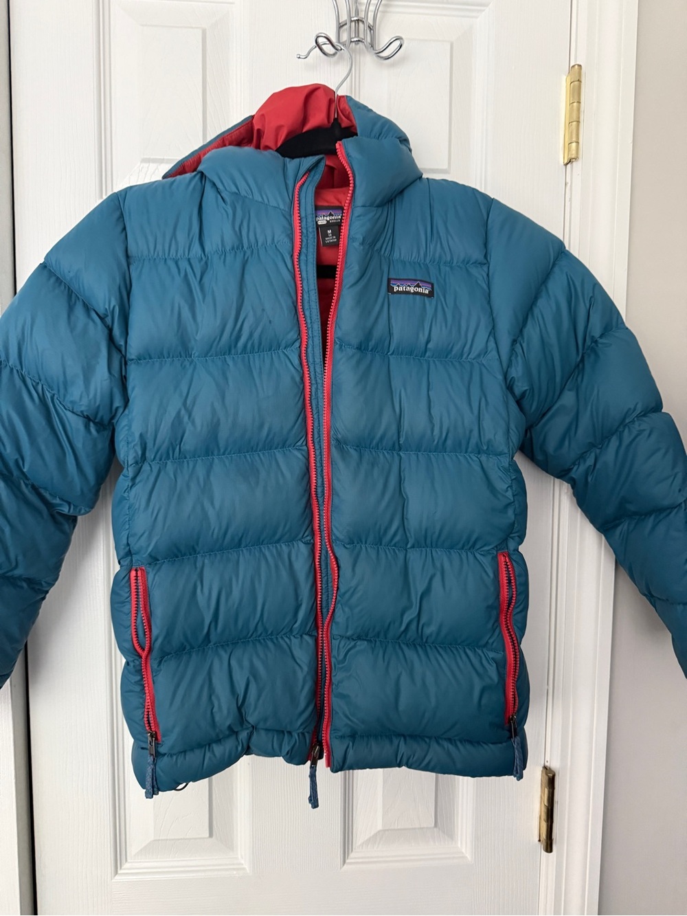 Patagonia Kids Teal Blue Puffer Jacket with Red Trim
